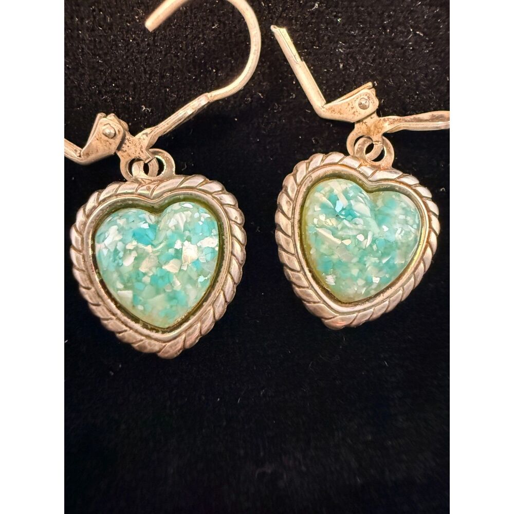 Vintage Carolyn Pollack Lucite Turquoise Confetti Heart Dangle Drop Earrings